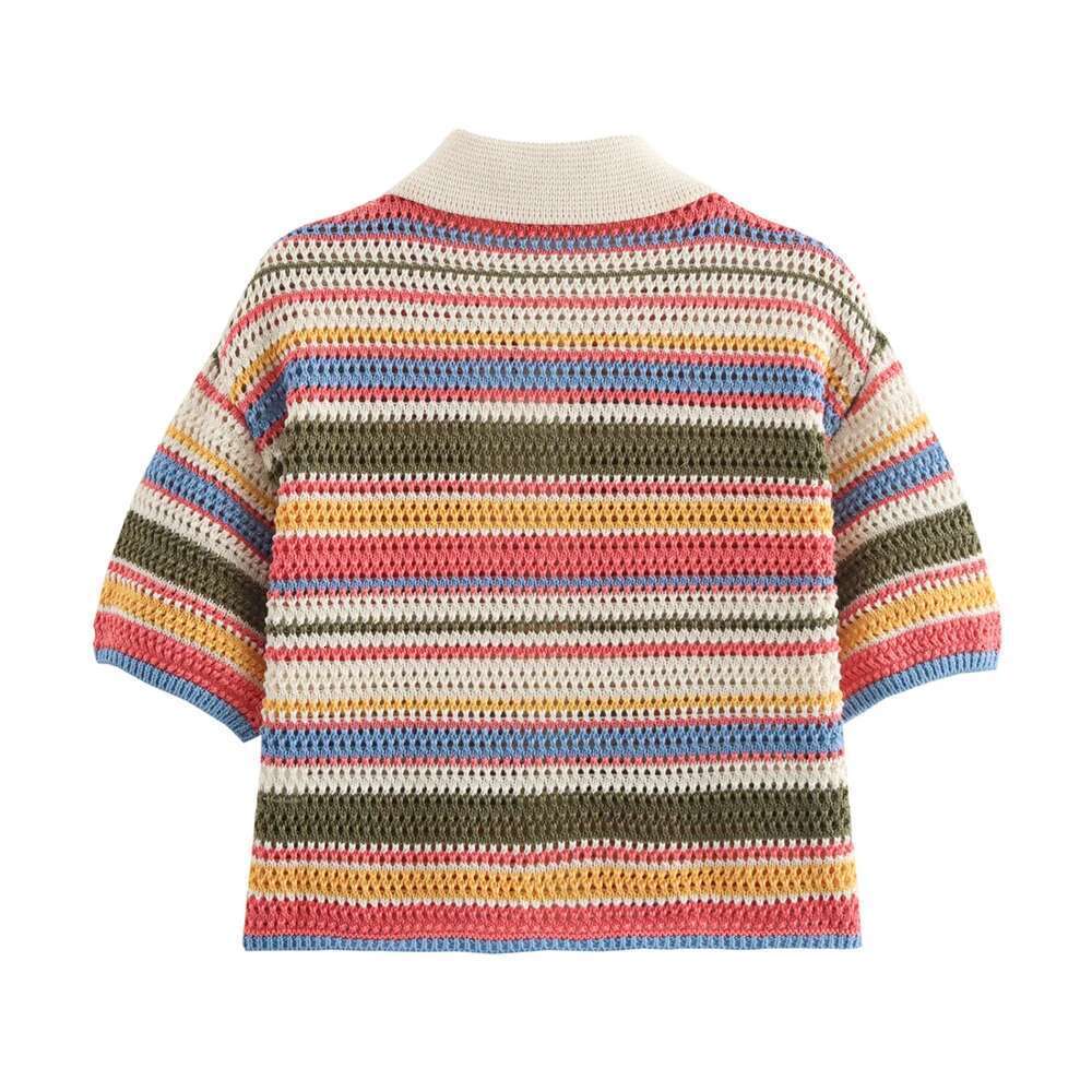 2024 Autumn European And American New Women's Fashion Stripe Printed Short Sleeve Flip Collar Cardigan Casual Shorts Set
