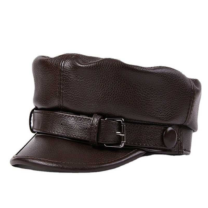 Mens Genuine Leather Hat Autumn Winter Cowhide Retro Duckbill Cap Trendy Middle-Aged Youth Flat Top Biker Hat Unisex Beret J251125