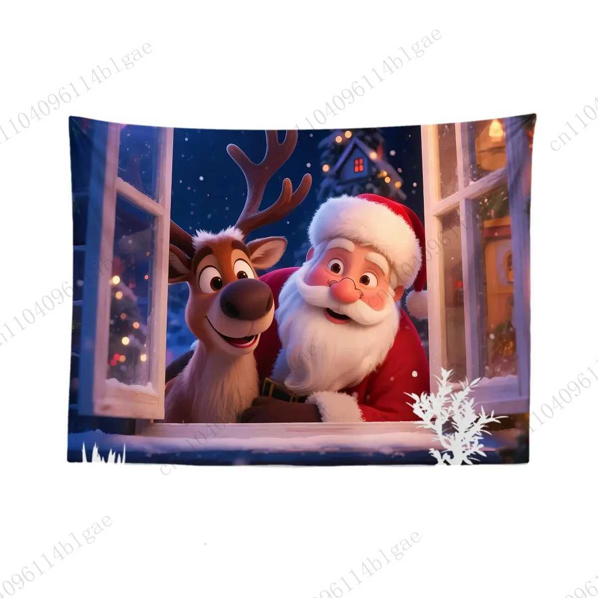 Enchanting Christmas Fantasy Tapestry - Magical Santa And Reindeer Window Moment Wall DecorM251125