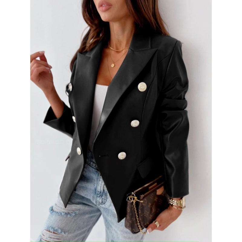 Autumn and winter new style long sleeve double breasted fashionable PU leather suit jacket