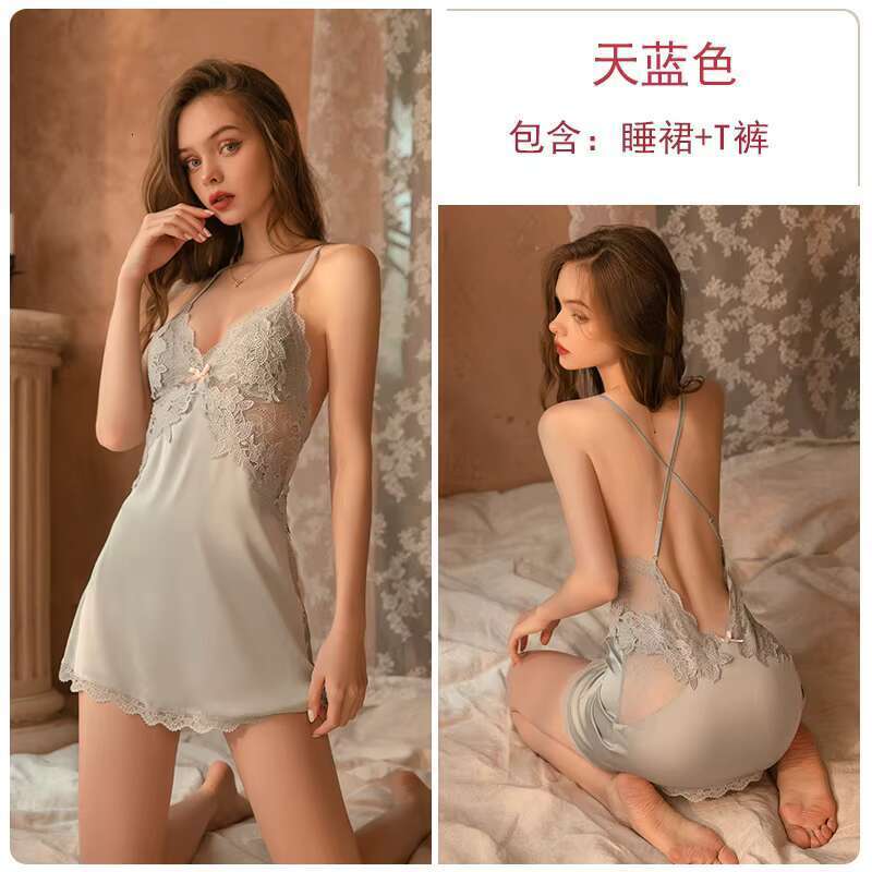 Sexy Night Womens Sleepwear Lace Satin Nightdress Mini Sleep Dress Nightwear Nightgown With Thongs Panties