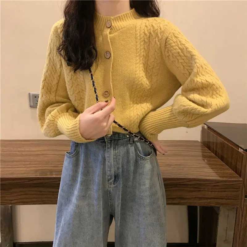 New Spring and Autumn New Bubble Long Sleeve Fried Dough Twists Sweater Cardigan Loose Top Short Knitted Coat WomenT251125