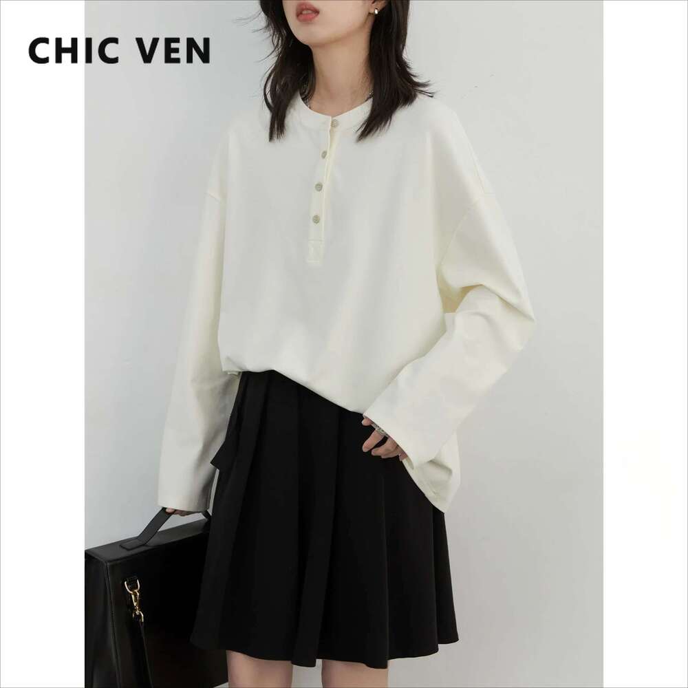 CHIC VEN Women Sweatshirts Casual Loose Solid Half Open Collar Long Sleeved T-Shirt Elastic Female Tees Autumn Winter 2025