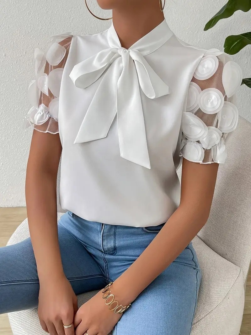2025 New Summer Commuter Solid Color Simple Strap Bow Short Sleeve Shirt for Women