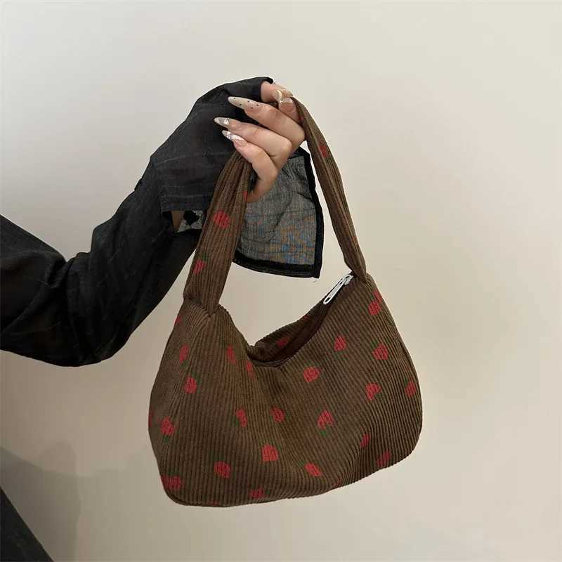 Women Small Corduroy Handbag Cute Strawberry Print Little Tote Underarm Bag Half Moon Design Eco Cloth Purse Mini Shoulder Bags XJ250610