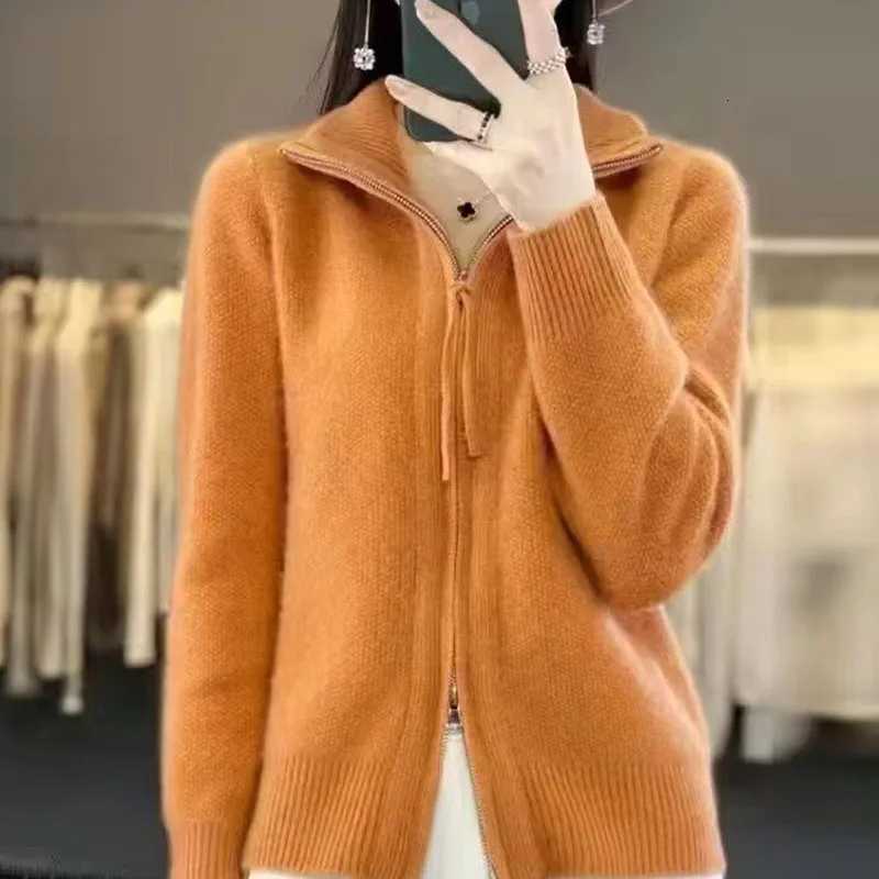 Autumn And Winter New Temperament Double Zipper Wool Knit Cardigan Womens Solid Color Long-Sleeved Sweater Thickened Loose TopT251125