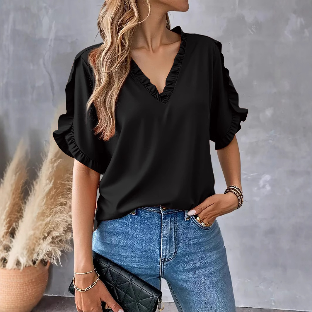 2025 summer simple solid color short sleeved ruffled V-neck shirt top for women