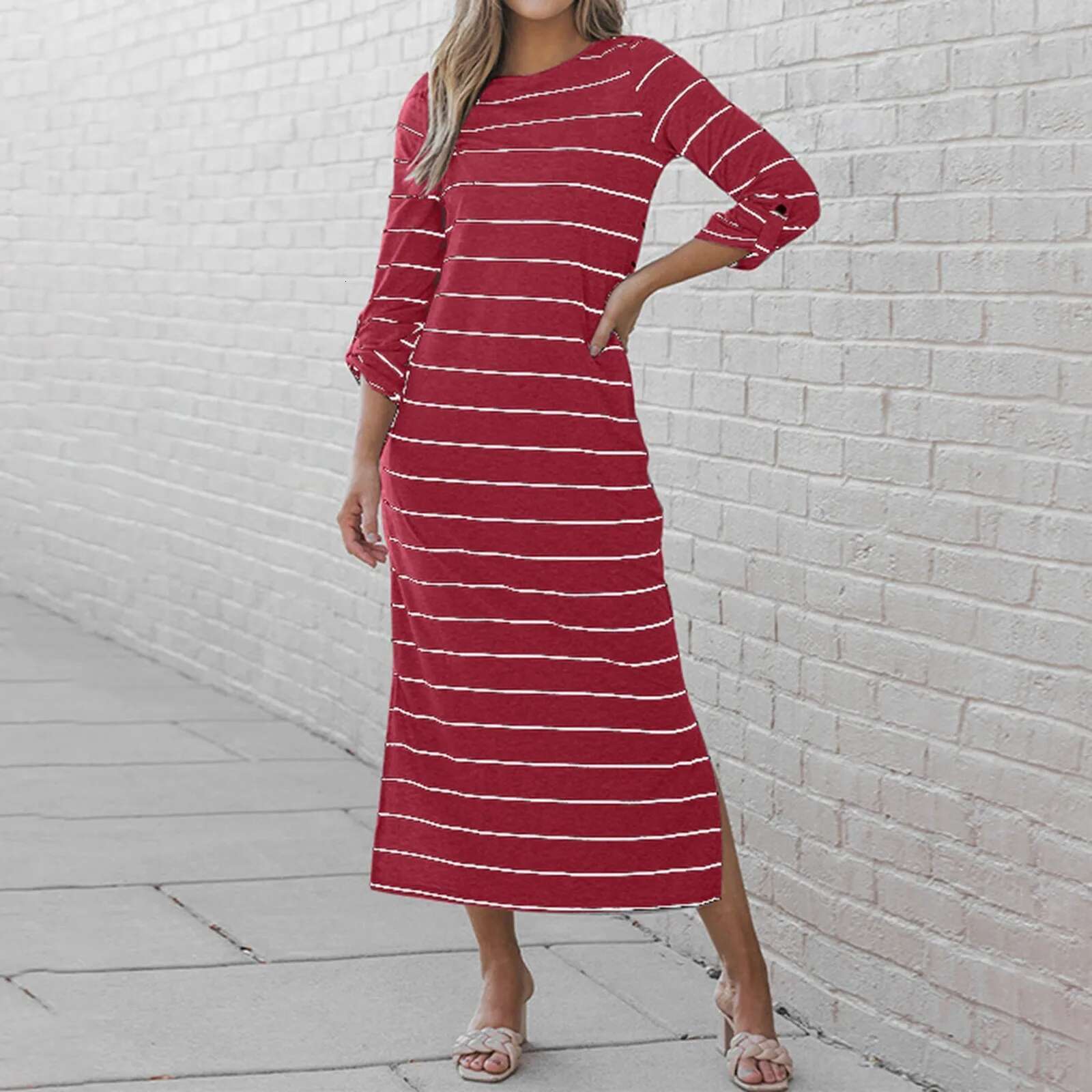 Dongdumaoyi Spring Striped Dresses For Women Long Sleeve Casual O Neck Maxi Dress Ladies Elegant Brown S Warm Summer