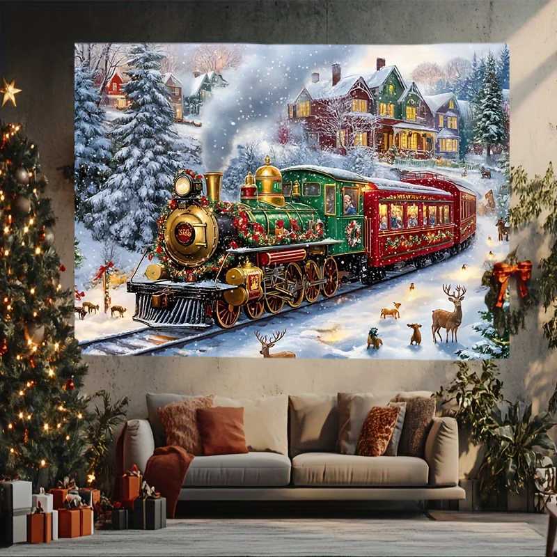 VIKAMA Christmas Snow Scene Train Tapestry Living Room Sofa Backdrop Wall Home Decor Christmas Party Room DecorationM251125