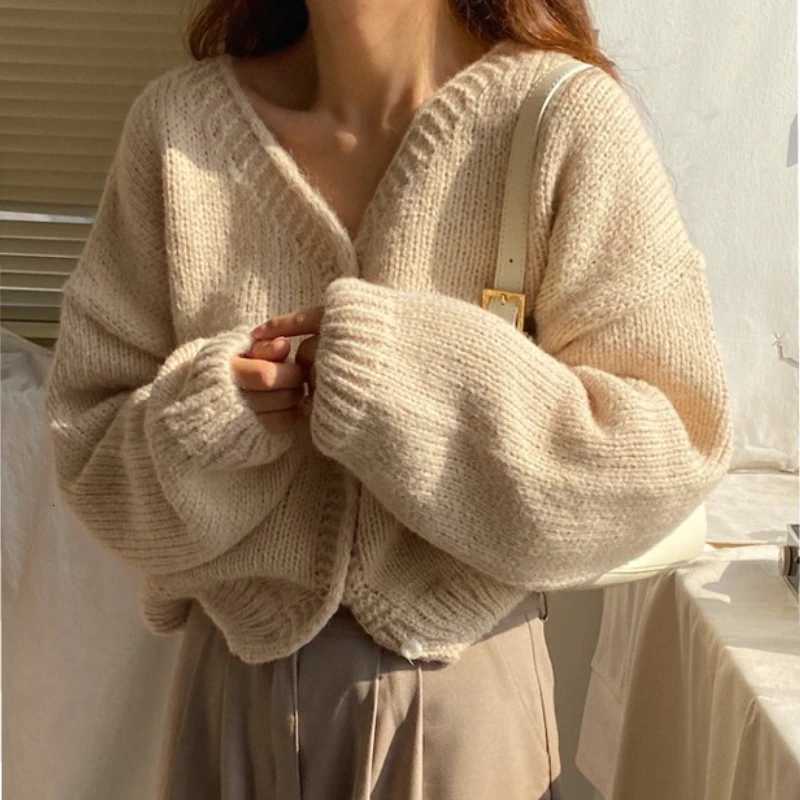 Solid Color Retro V-neck Short Loose Women Long Sleeve Knitted Sweater Coat Spring Autumn Simple Single Breasted Casual CardiganT251125