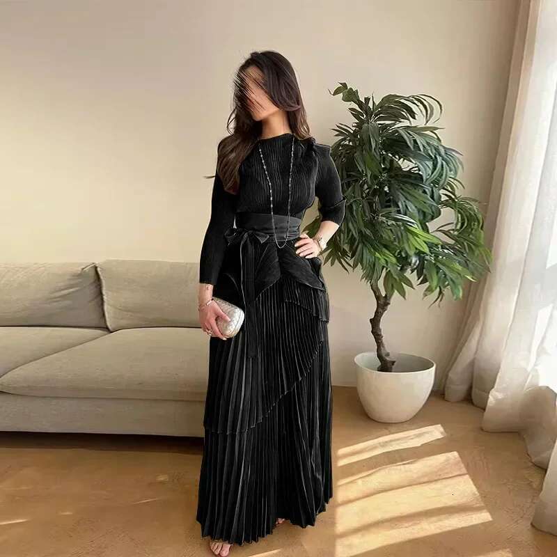 Pleated Irregular Lantern 2 Skirt + Swing Dress 2024 Autumn Solid Long Sleeved Lace Up Design Two Piece Set