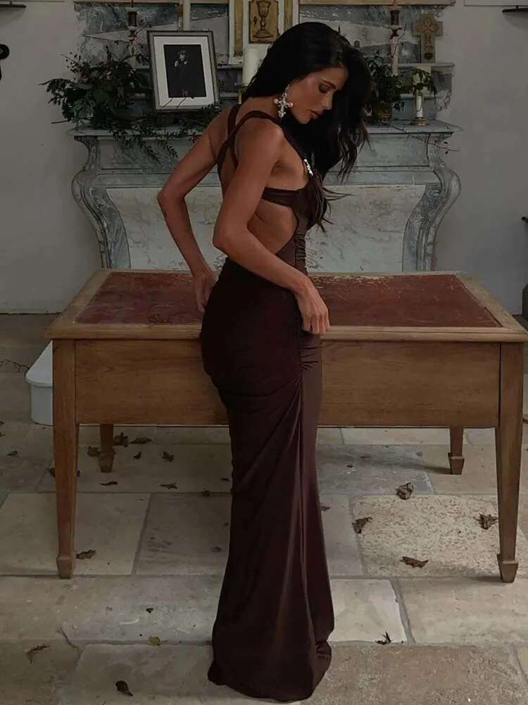 Dongdumaoyi Townlike Maxi Long Slim Bodycon Pleated Dress Women Spaghetti Strap Spring Summer Nightclub Sexy Party Dresses