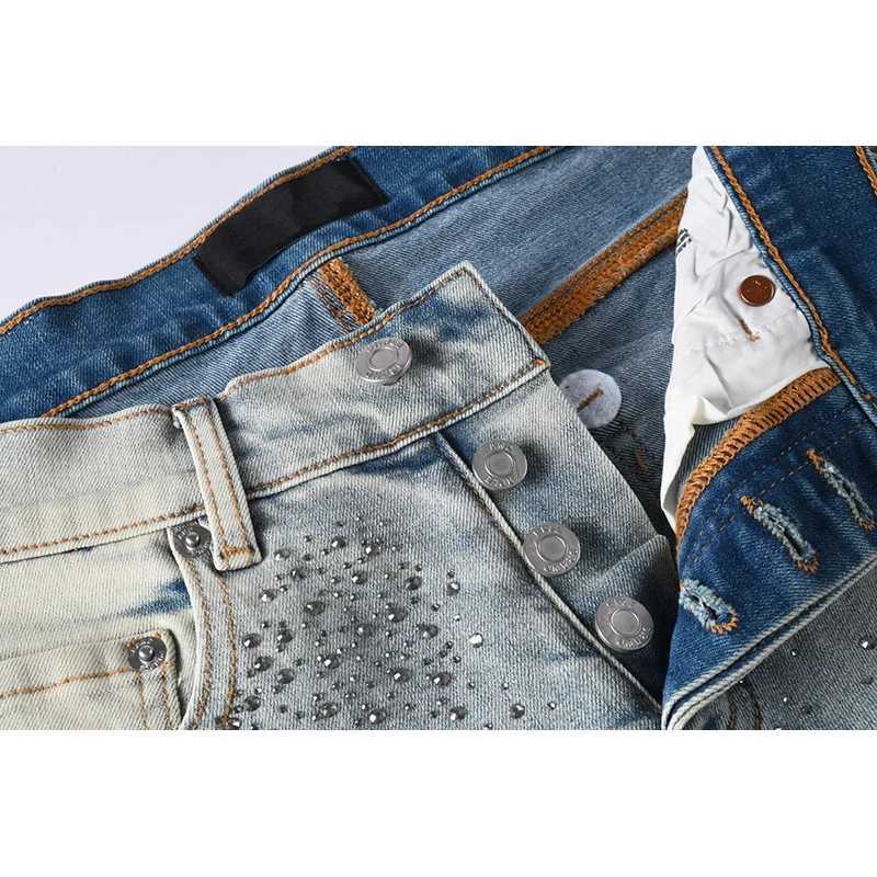 Fashion New Arrivals American High Street Distressed Blue Skinny Rhinestones Letters Button Fly Jeans Pants Y251124