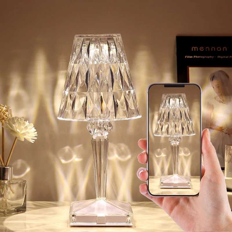 Portable Modern Acrylic Diamond Table Lamp with Crystal -Wireless Night Light for Bedroom Decor and Desk Use Including LampshadeM251125