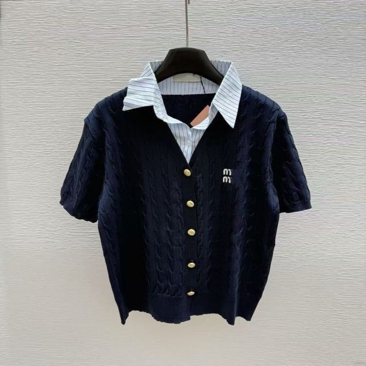 Women spring summer new fashion designer turn down collar knitted shirt logo letter embroidery cute college style short sleeve tops SMLXLXXL