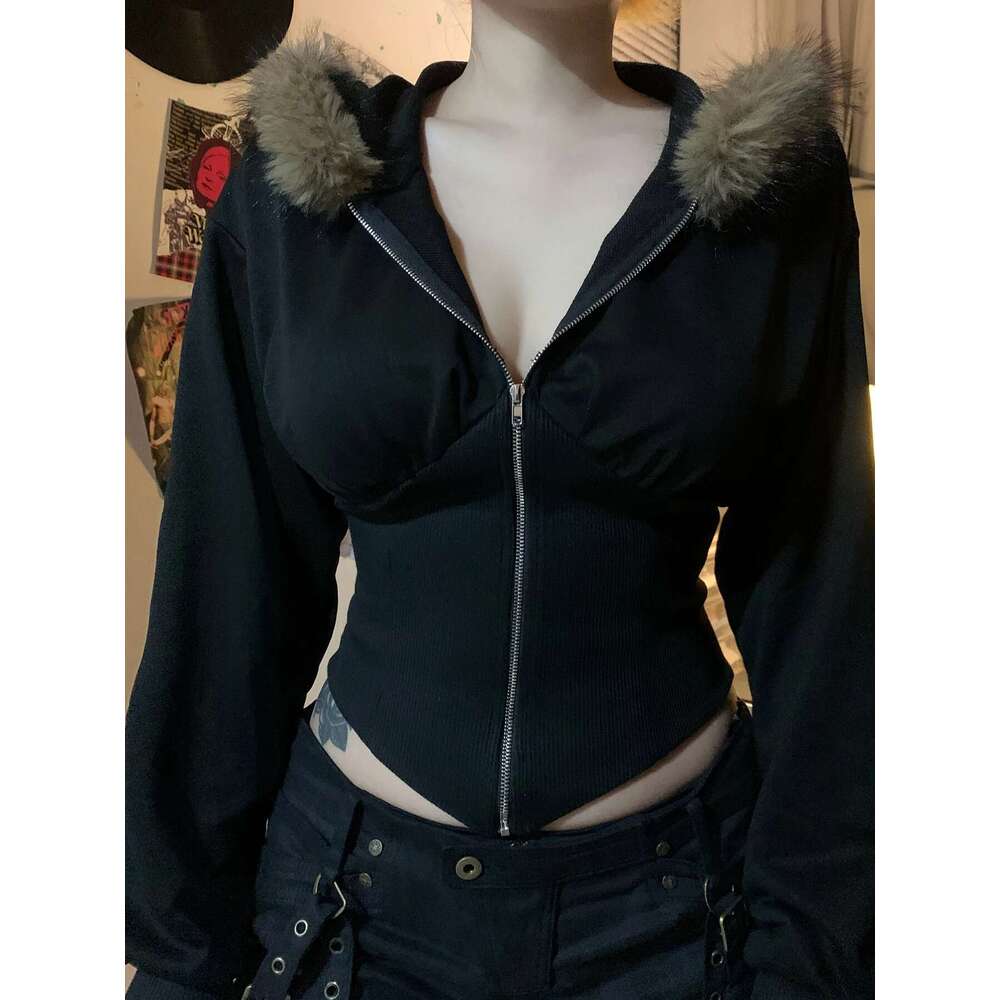 Cuteandpsycho Zip Up Fur Neck Hoodie Coats Fashion Slim Solid Y2k Vintage Women's Jackets Casual Streetwear Chic Basics Clothes