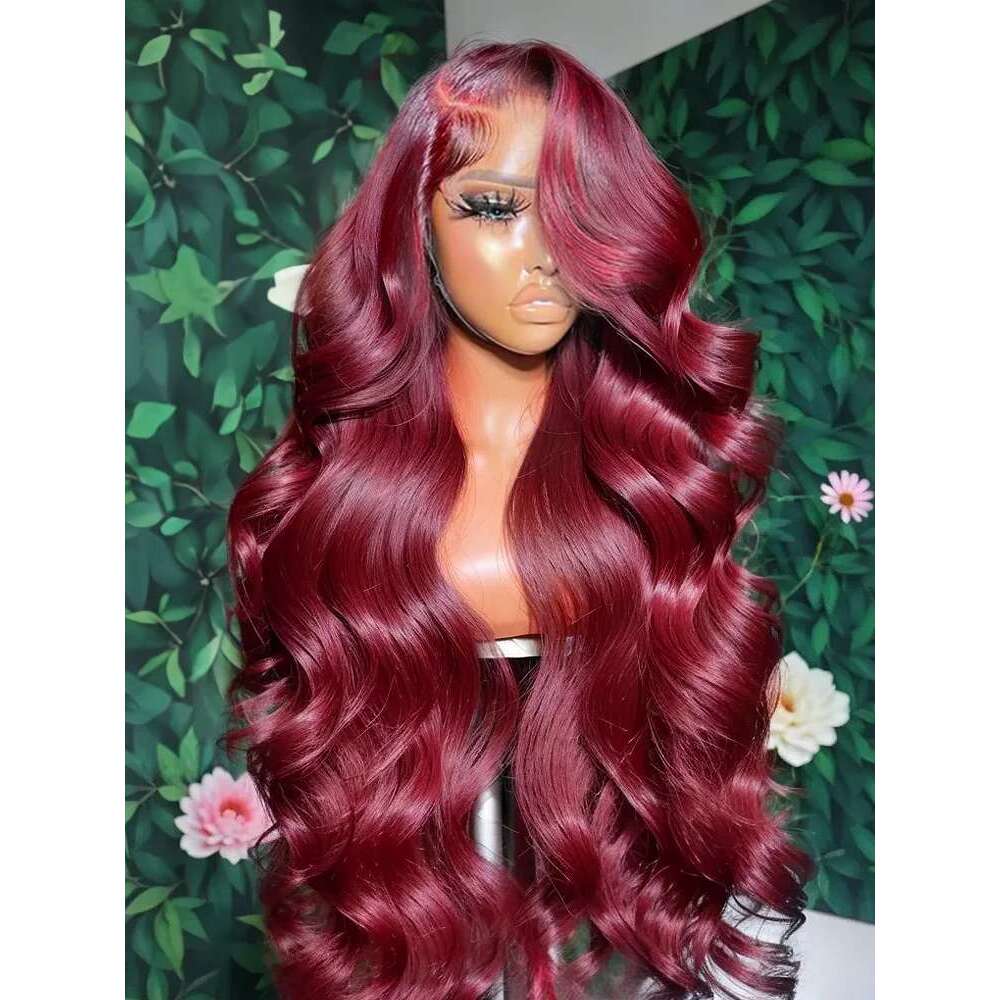 250 Density 99J Bury Body 13X4 Front Wig 13X6 Human Hair HD 30 40 Inch Lace Frontal Wigs Red Water Wave Brazilian