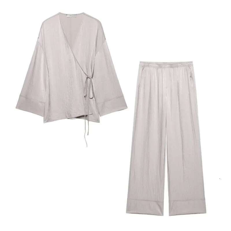 Women Baggy Casual 2 Piece Set Simple Chic V Neck Lace Up Long Sleeved Blouse Top Loose Straight Leg Pants Suit Fashion Outfits