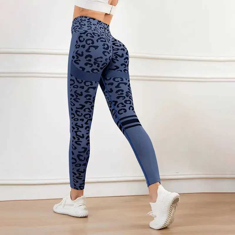 Yoga 9-minute long pants with elastic waist and abdomen tight fitting leopard print seamless quick drying fitness pantsC250425