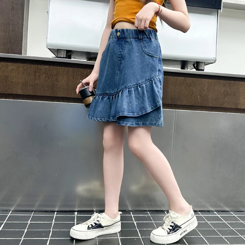 Girls pleated leggings for summer childrens leggings for girls big children summer personality simple denim leggings for 5-14 years old 250424