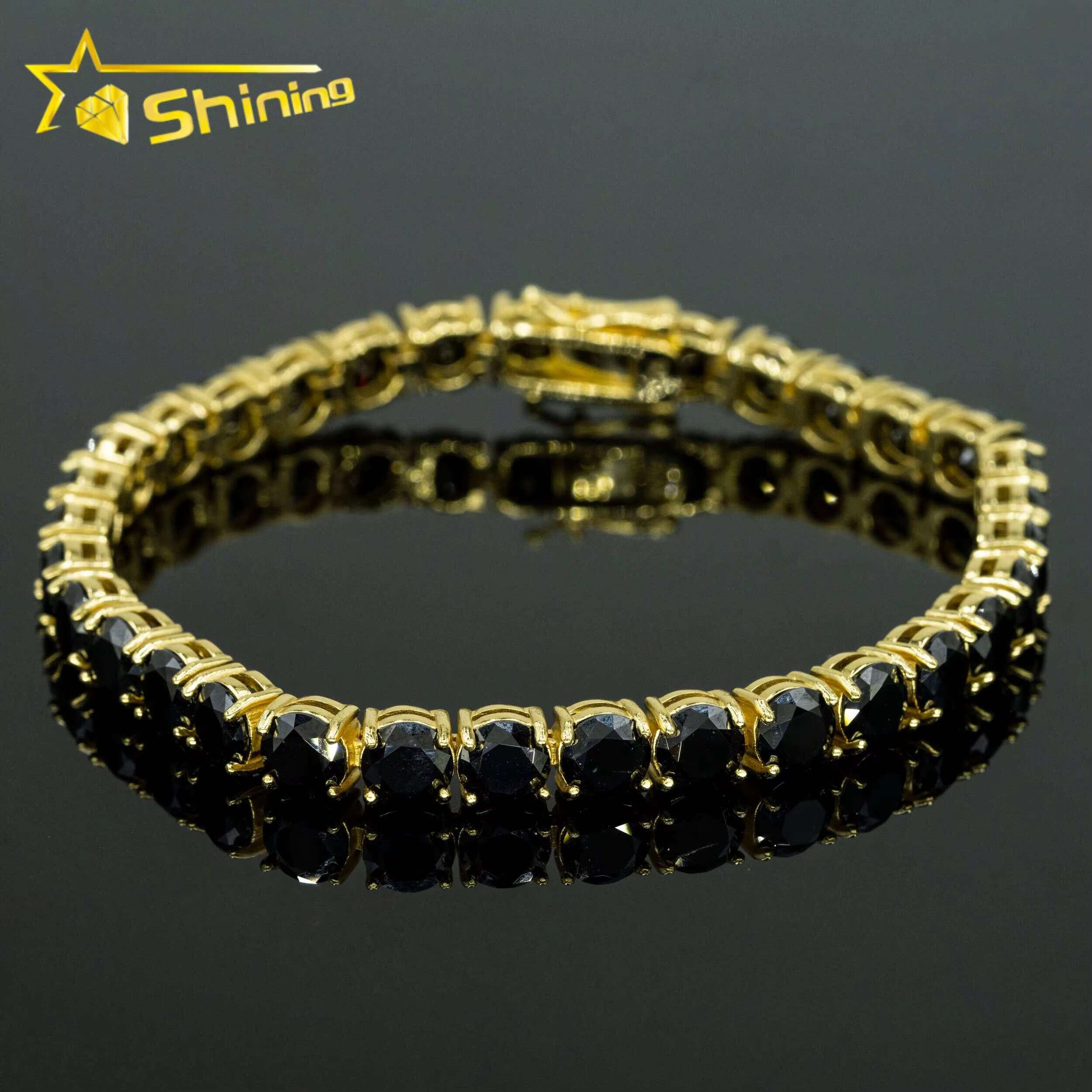 18k Yellow Gold Plated 3mm 4mm 5mm 6.5mm Black Moissanite Tennis Chain 925 Sterling Silver Men Women Tennis Necklace Bracelet
