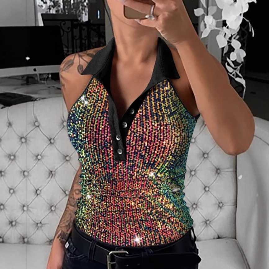 2025 new summer fashion sequin lapel button slim fit sleeveless vest womens clothing