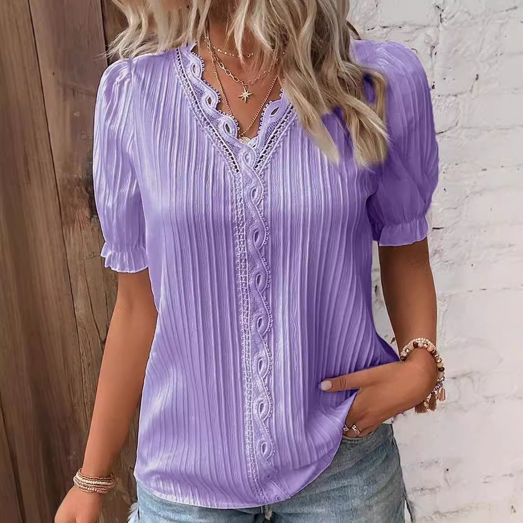 2023 Summer New Holiday Fashion Hollow Short Sleeve Womens Shirt
