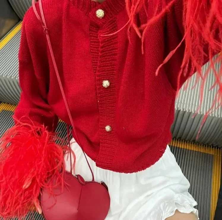 Feather Patchwork Cardigan Women Knit Fashion Single Breasted Turtleneck Loose Long Sleeve Top Sweaters Party Casual Chic CoatT251125