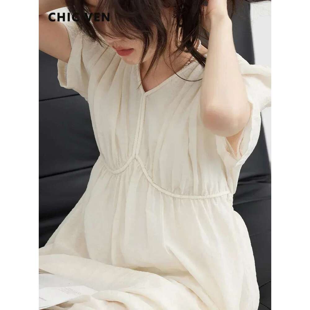 CHIC VEN Women Dresses French Style Vintage V-Neck Puff Sleeve Long Dress Solid Black Loose Female Clothing Summer New 2023