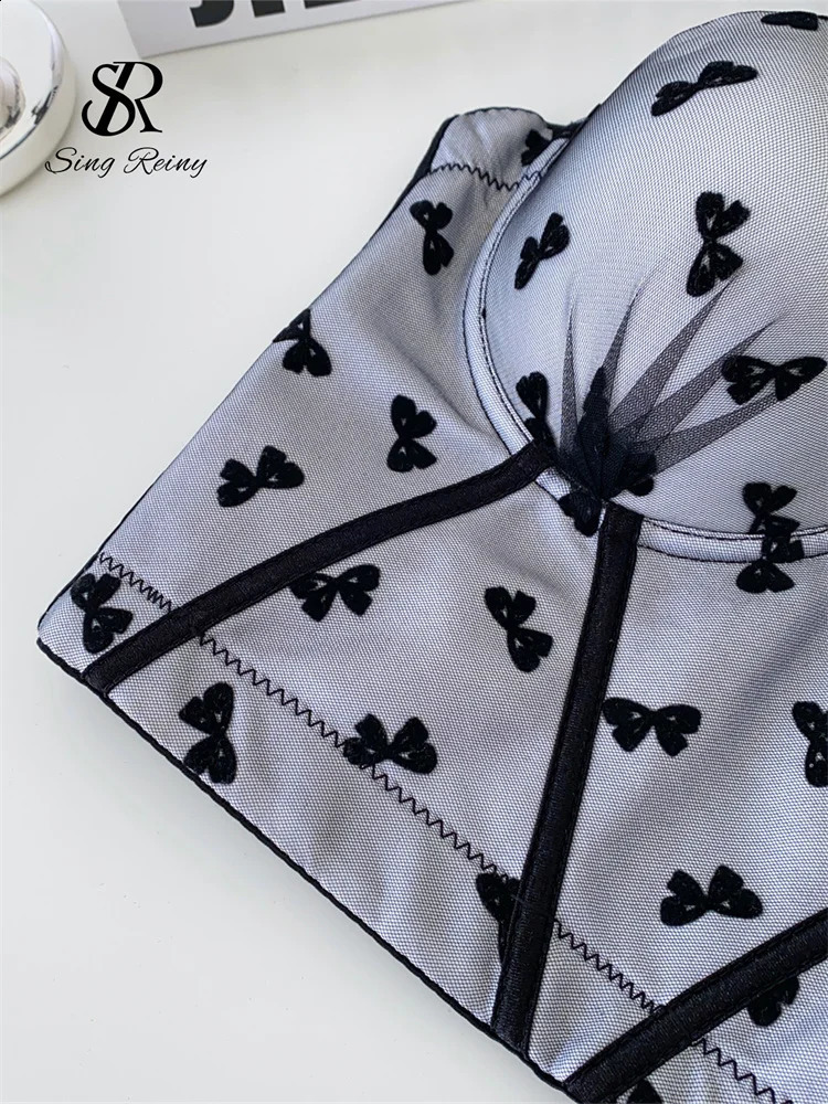 Singreiny week mesh tight corset lingerie top for women with shoulder straps ultra-thin backless vest top French bow patch work sexy mini vest 250422