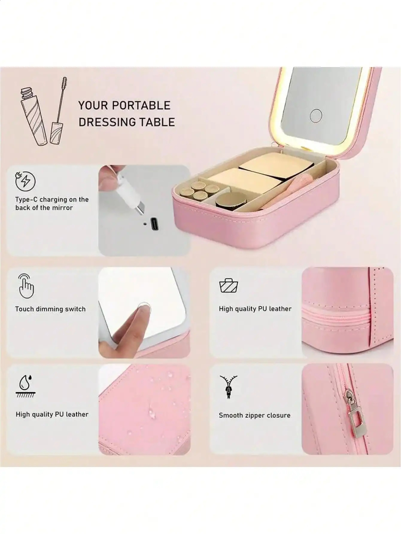 LED Lighted Makeup Bag with Mirror - Rechargeable Travel Cosmetic Organizer Adjustable 3-Color Lighting Jewelry Storage Case 250424