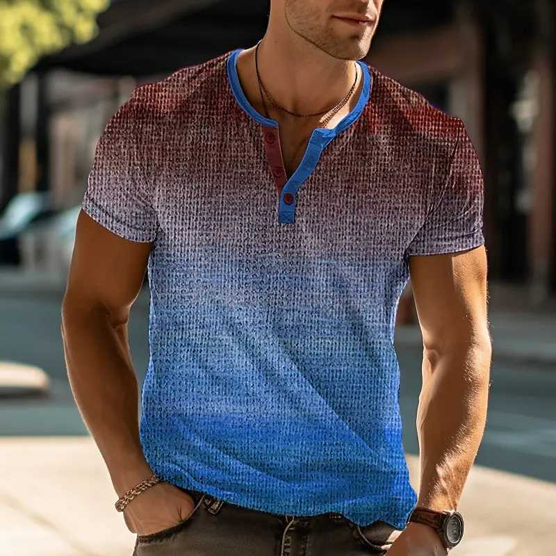 Summer gradient 3D printed Henry shirt mens fashion retro oversized button short sleeved T-shirt mens T-shirt mens top W250425