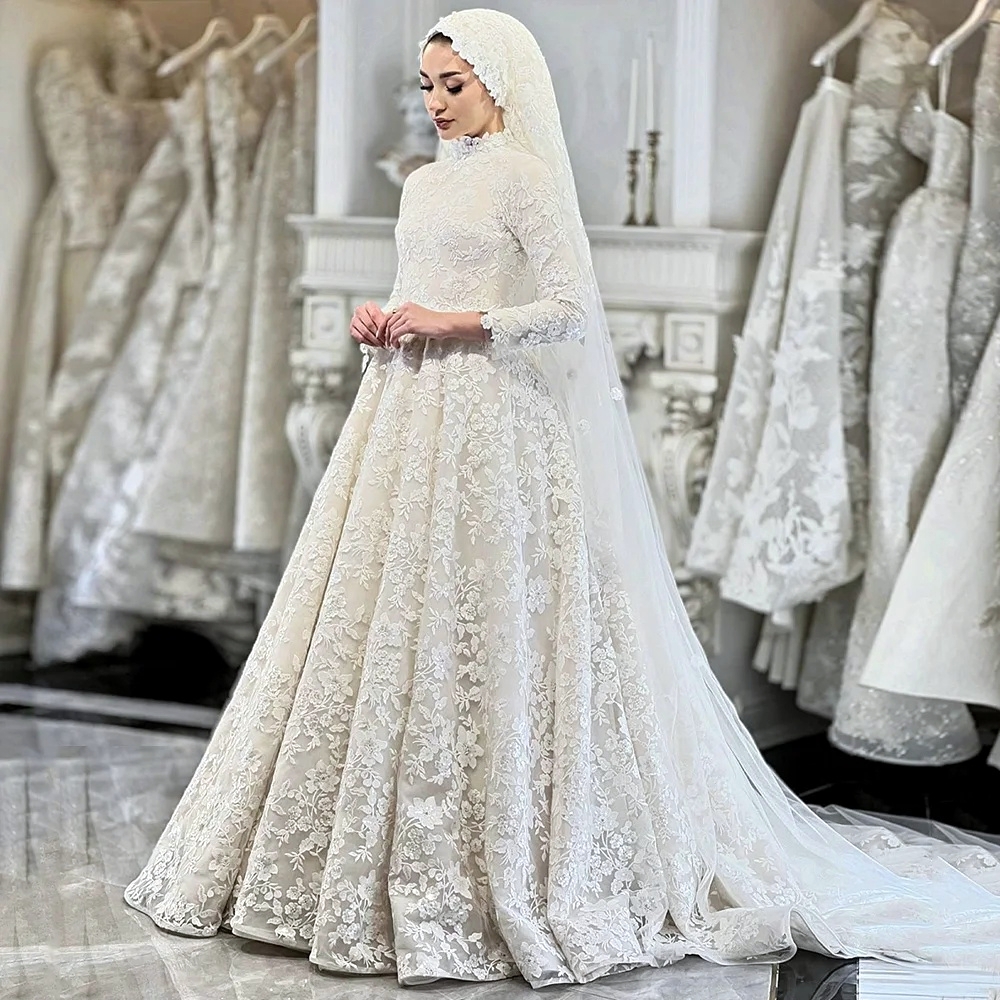 Modest Muslim Lace Wedding Dresses High Neck Long Sleeves Arabic Dubai Islamic Bridal Gown Court Train A-Line Robe De Mariee Vestido De Novia
