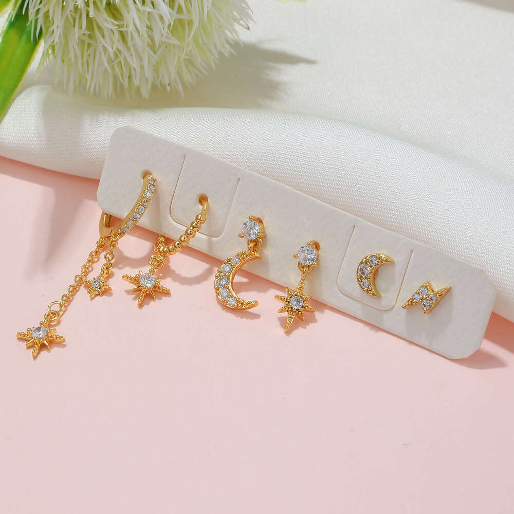 Moon Chain tassel Hexagram Star Personalized Fashion Zircon Earnail Set Women's Eardrops Earrings