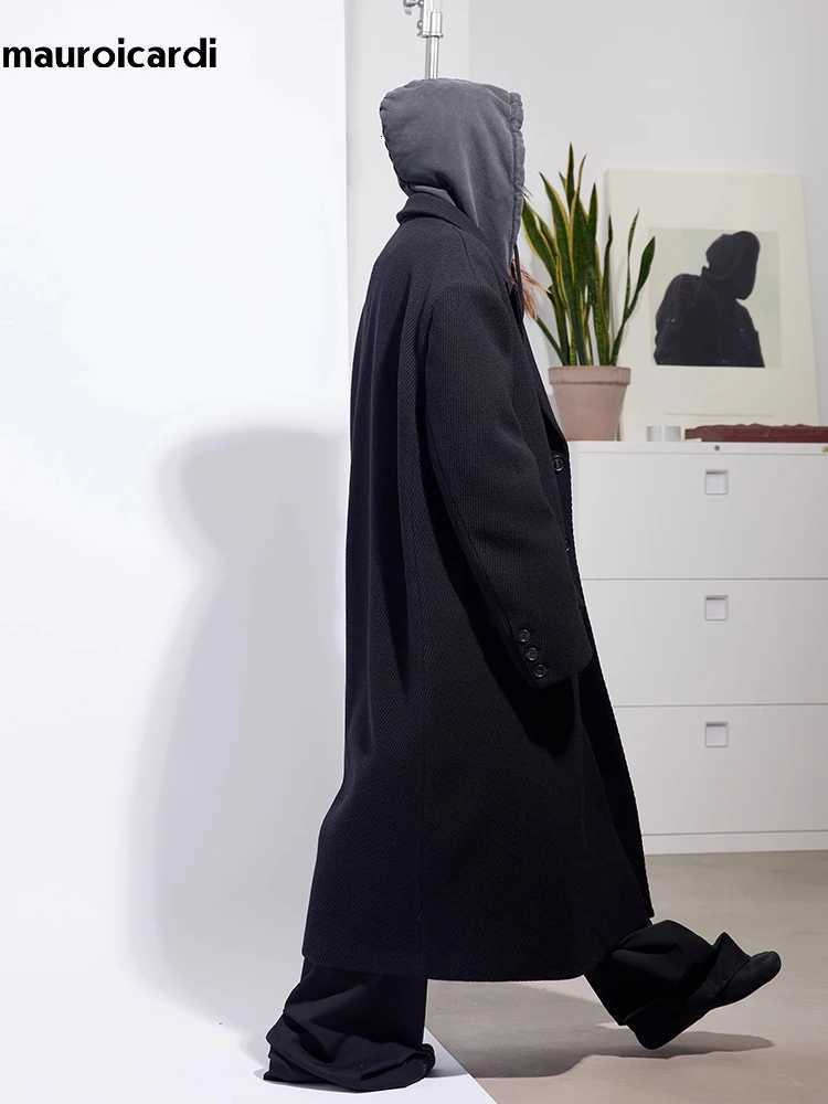 Mauroicardi Autumn Winter Cool Oversized Long Warm Black Woolen Coat Men Luxury Designer Clothes Wool Blends Overcoat 2024T251125