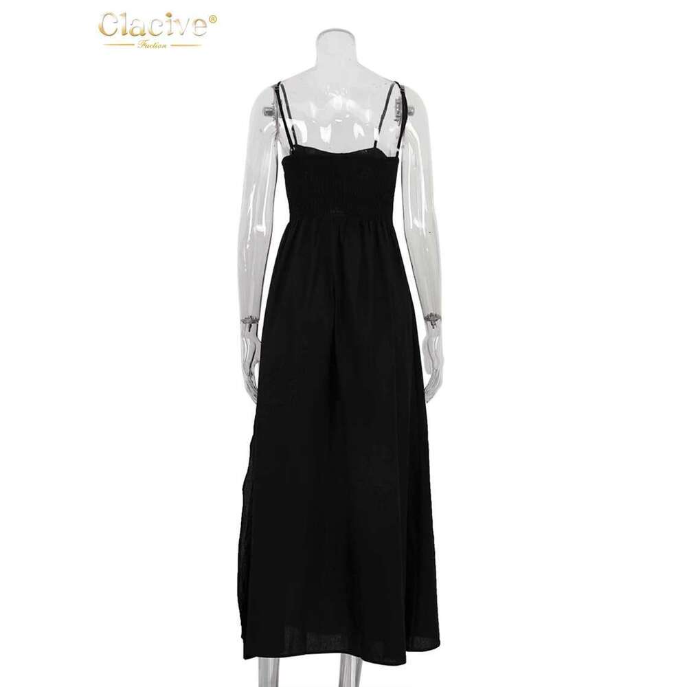 Clacive Sexy Loose Black Cotton Womens Dresses 2024 Summer Strap Sleeveless Ankle Length Elegant Hollow Out Female Dress