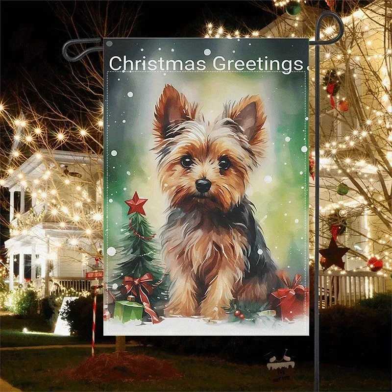 Yorkie dog Themed Christmas Garden Flag Vibrant Double-Sided Durable Burlap Outdoor Decor with Festive Christmas Tree DesignM251125