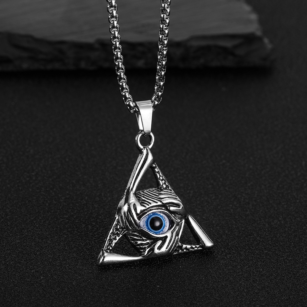 Gothic Vintage Evil Eye Pendant For Men Stainless Steel Punk Hip Hop Fashion Triangle Necklace Unique Amulet Jewelry Wholesale designer necklace for w - view 6