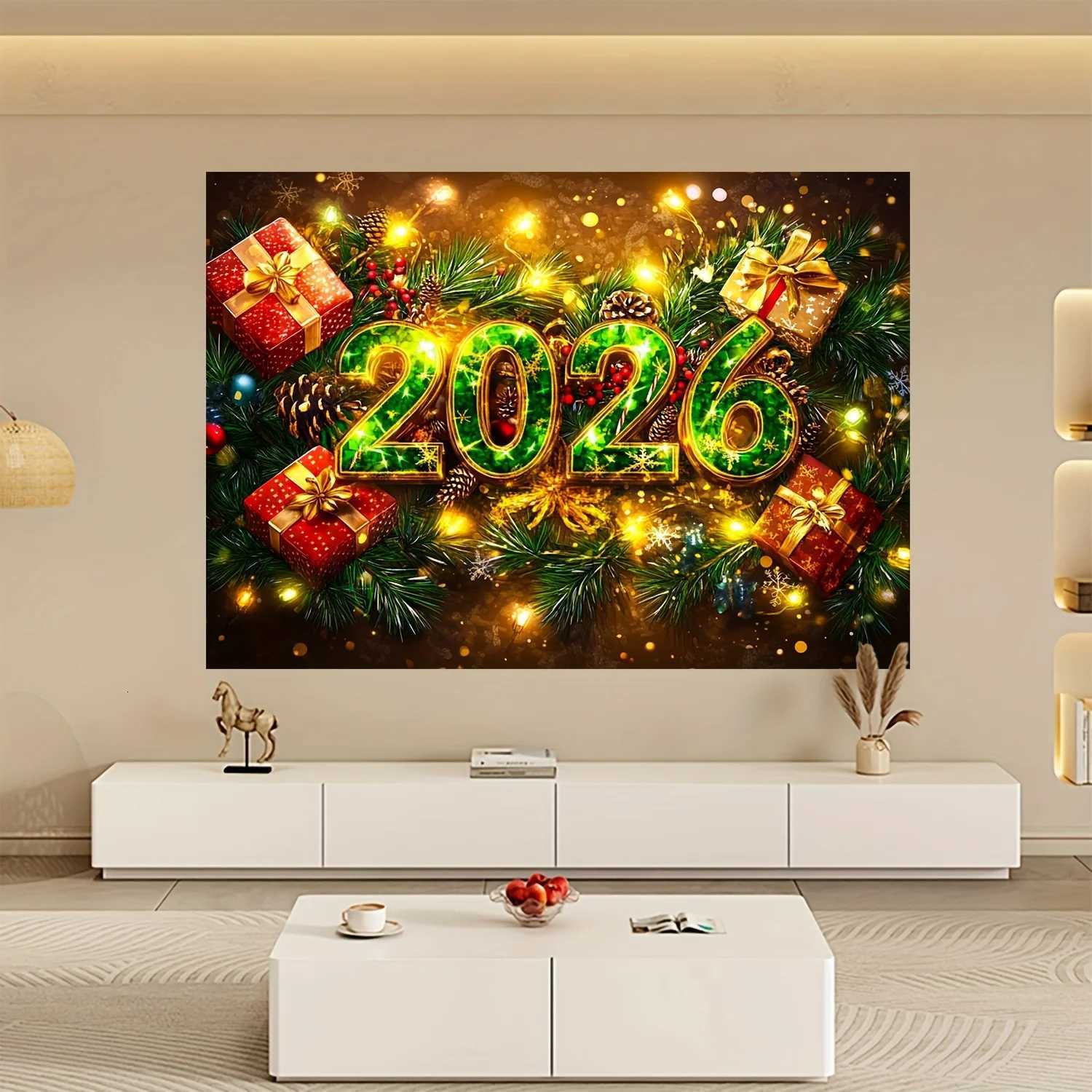 2026 New Year Tapestry Christmas Tree Decor Wall Hanging Golden Numbers Gift Boxes Art Holiday Lights Festival ThemeM251125