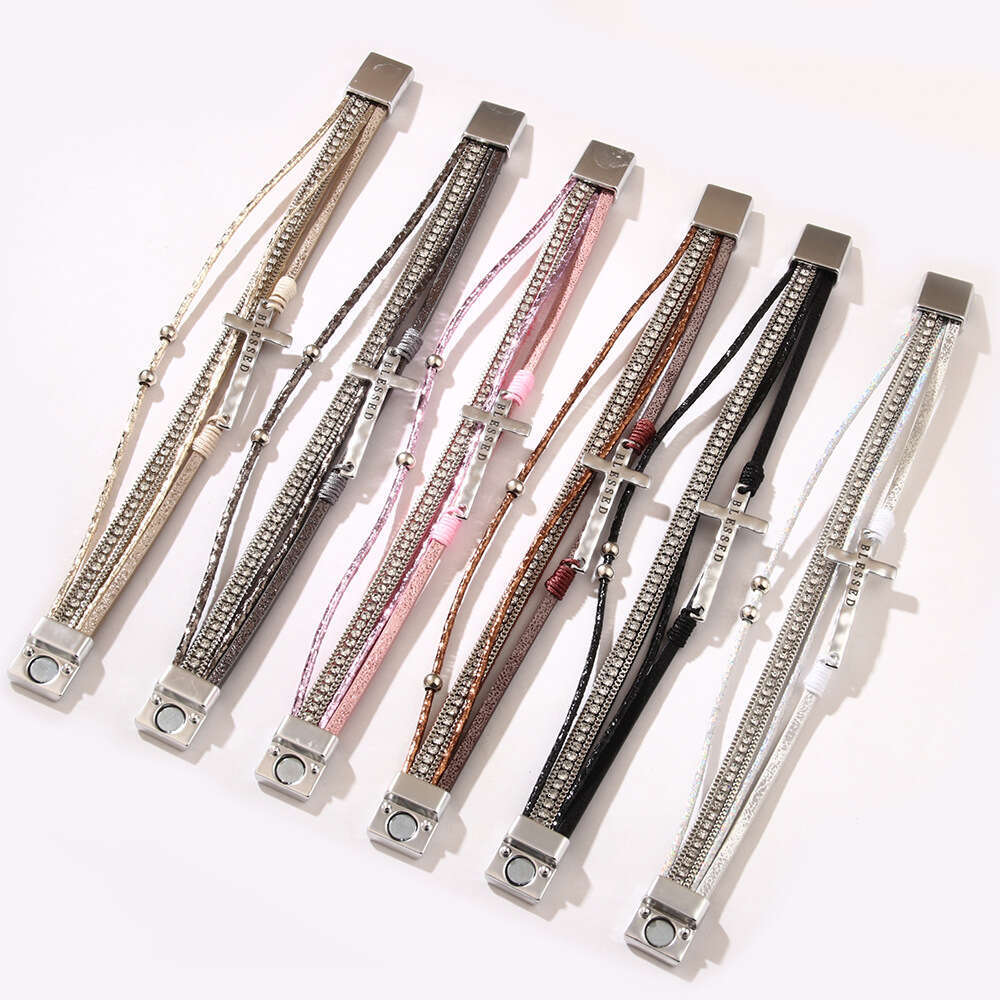 Jewelry Bohemian Cross Light Micro Set Dia Magnetic Buckle PU Leather Bracelet