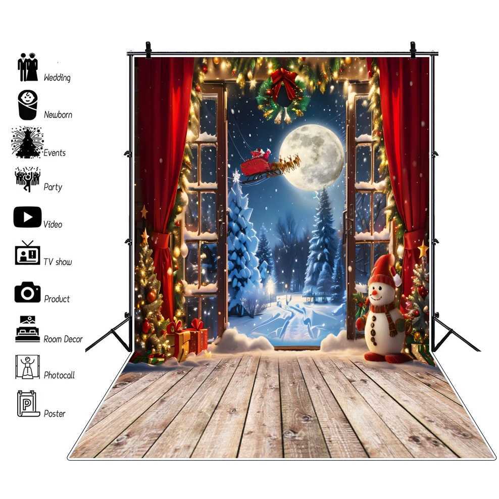 Winter Christmas Window Snow Photo Backdrop Pink Curtain Interior Xmas Tree Gift New Year Party Decor Photography BackgroundM251125