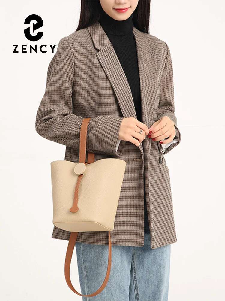 Zency Genuine Leather Large Shopper Shoulder Bag Female Simple High Quality Bucket Handbag Tote Underarm Women Long Strap Bags
