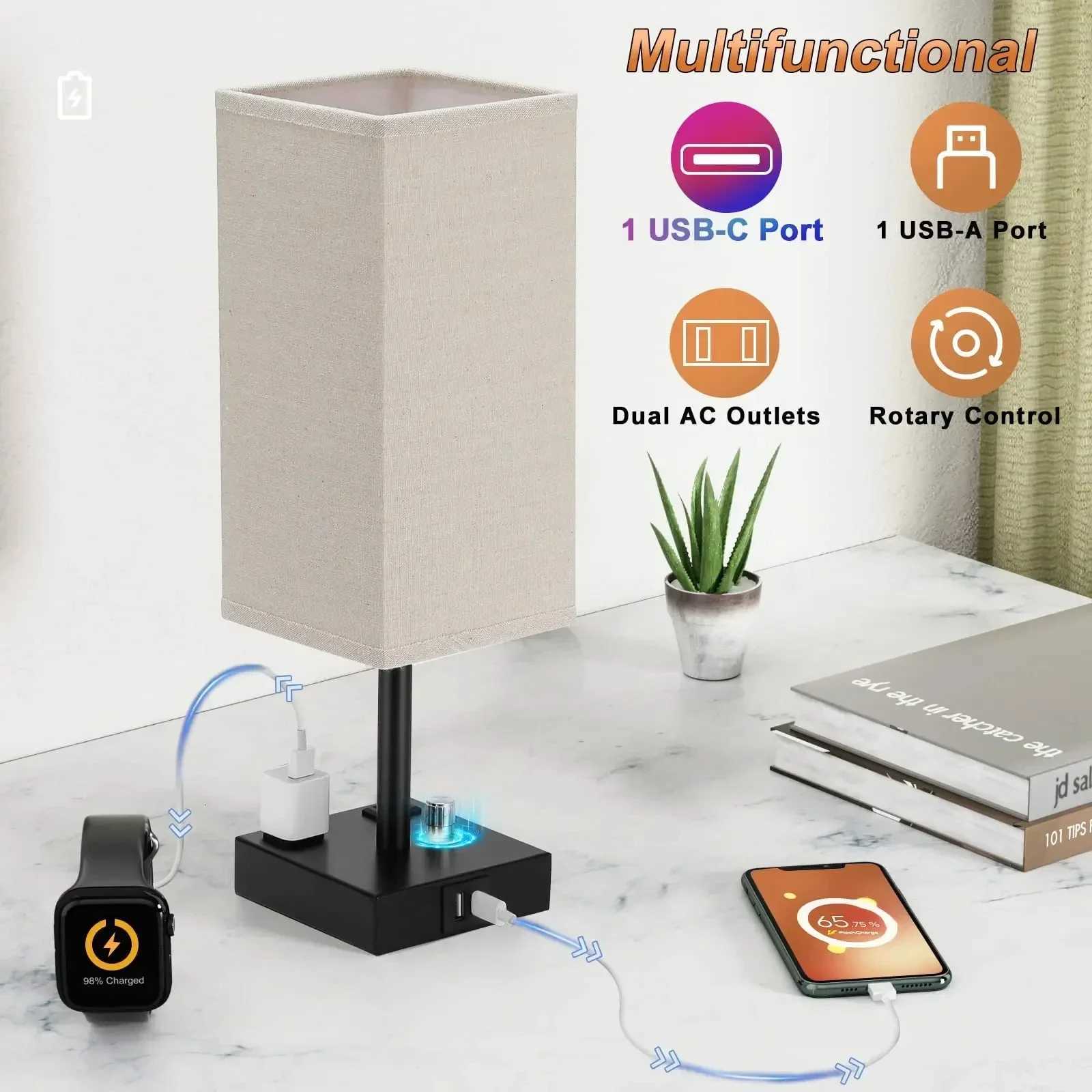 LED Desk Lamp Fully Dimmable Bedside Lamps with USB CA Charge Ports Eye Protection Reading Light Table Lamp Grey Fabric ShadeM251125