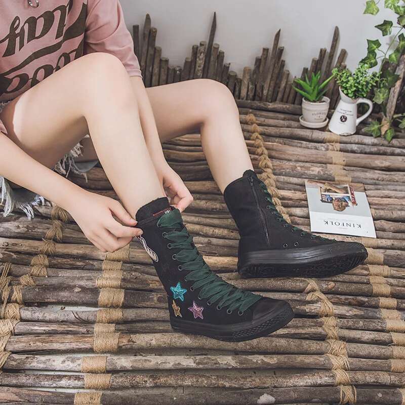 Spring new medium-sized ribbon lace-up sequin embroidered canvas soft sole flat inner heightening large size women's shoes