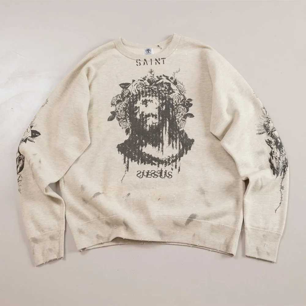 Frog Drift Saint of Michael Streetwear Retro Clothing Graffiti Printed Cotton Loose Top Ultra Thin Mens Sportswear M250425