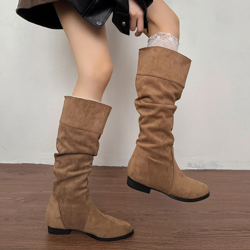 Vintage Pleated Women Knee High Boots Fashion Low Heels Pointed Toe Shoes Autumn Winter Slip On Modern Long Botas Para Mujer 251121