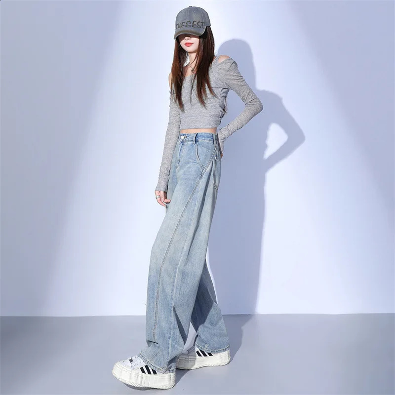 Wxw2607 light blue denim jeans split wide leg loose retro streetwear long 250417