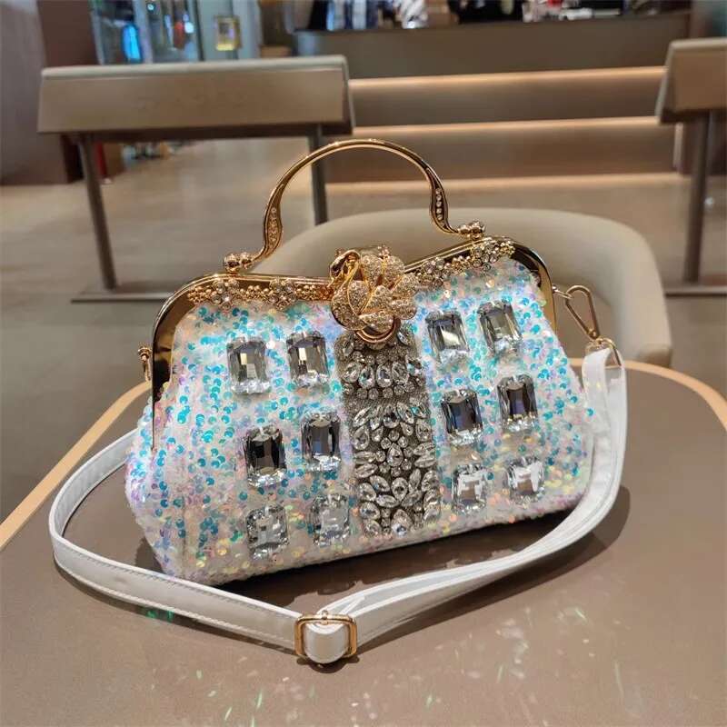 Spring new crystal sequin metal buckle handbag banquet dress daily large-capacity one-shoulder cross-body leather women's bag