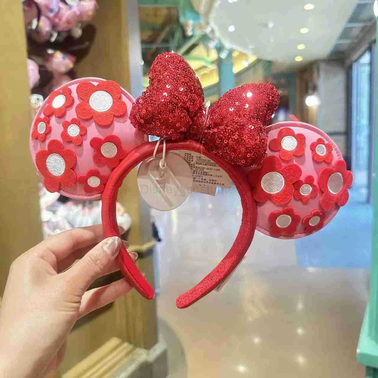 Disney 2025 Disney Mouse Headband Cartoon Red Bow PU Leather Shanghai Disneyland Adult and Childrens Headbands X250425