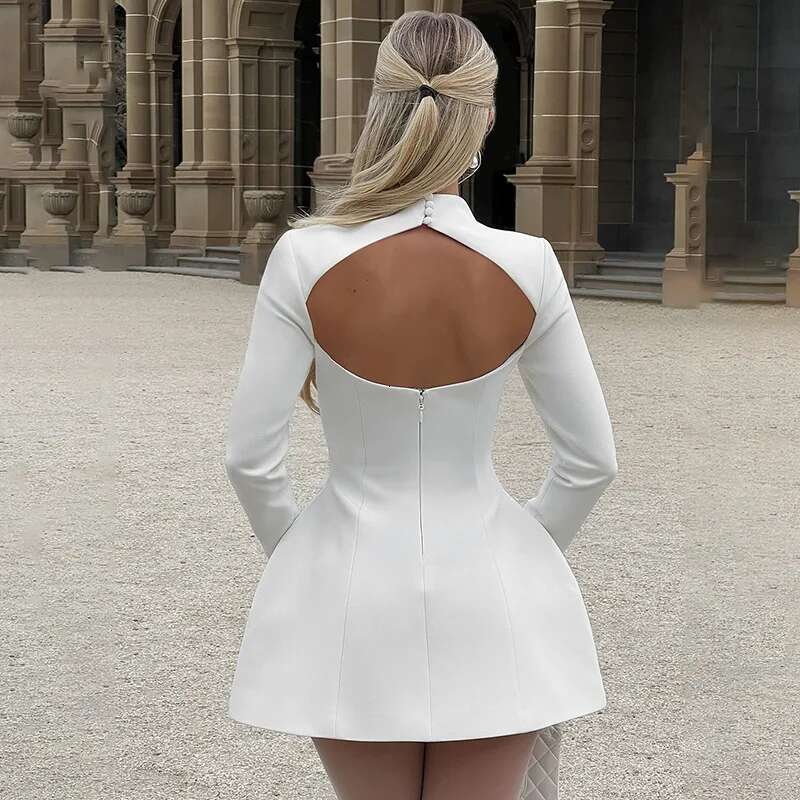 Dongdumaoyi Townlike Waist Wrap A Line Dress Women Turtleneck Mini Autumn Winter Flare Sleeve Backless Sexy Party Dresses